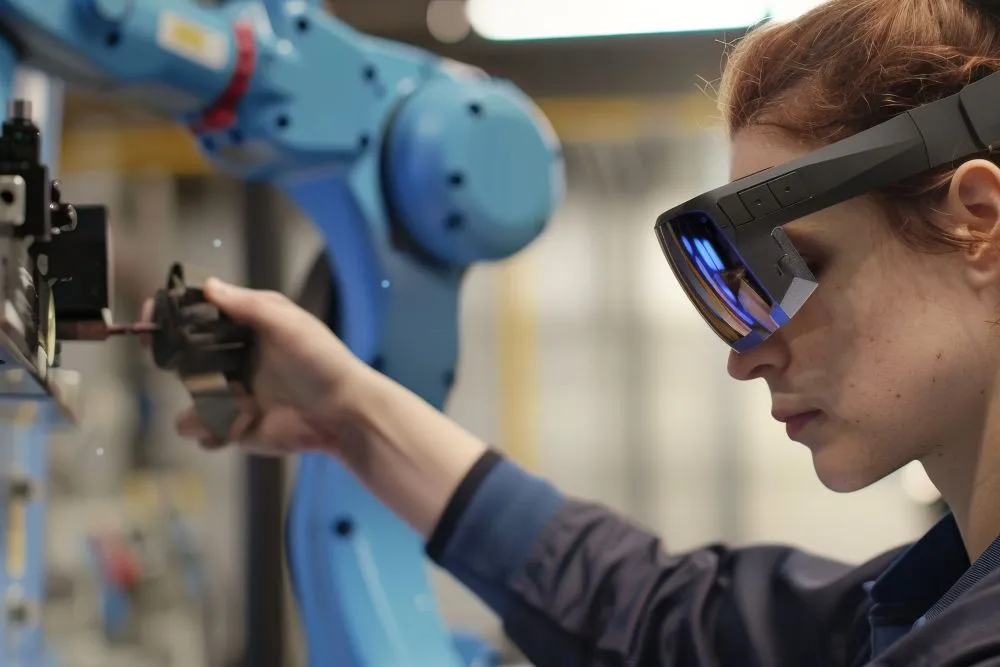 Industrial operator wearing augmented reality glasses working alongside a robotic arm.